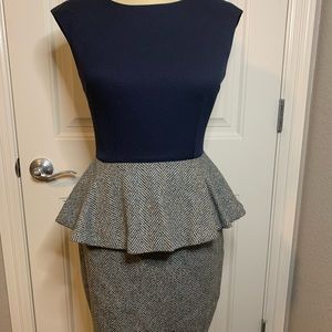 Esley NW Navy Blue and Blue/Tan/Grey Herringbone Peplum Dress, Size Small